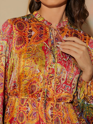 Allover Print Tie Neck Lantern Sleeve Dress Without Belt