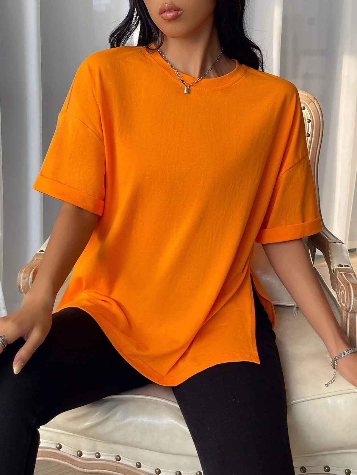 Drop Shoulder Split Hem Tee