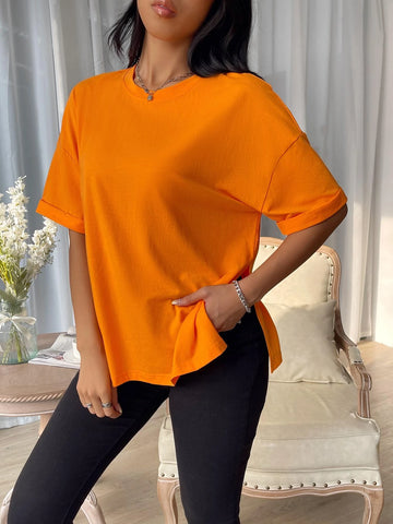 Drop Shoulder Split Hem Tee