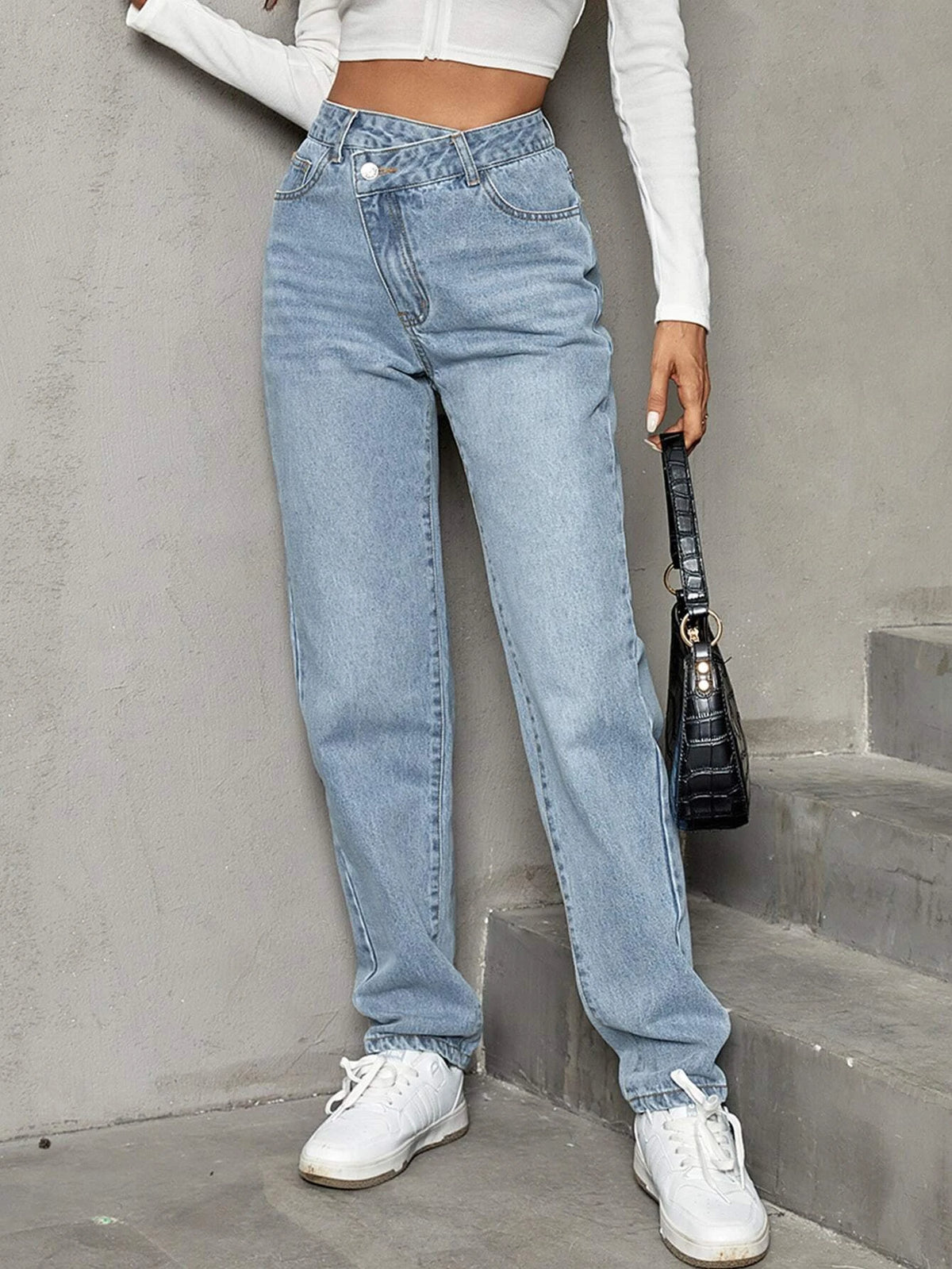 Asymmetrical Waist Straight Leg Jeans