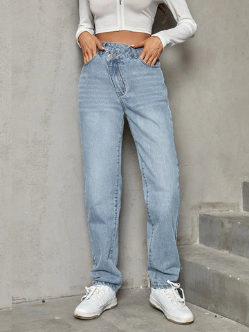 Asymmetrical Waist Straight Leg Jeans