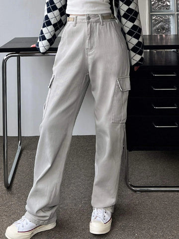 DAZY Buckle Waist Flap Pocket Cargo Jeans