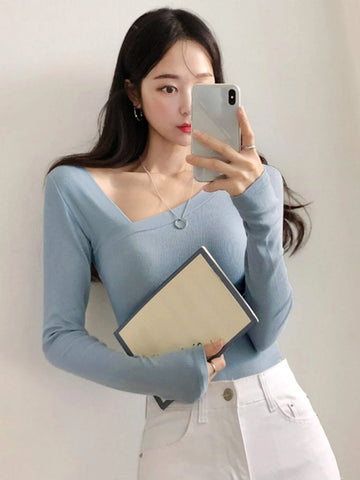 DAZY Solid Asymmetrical Neck Tee
