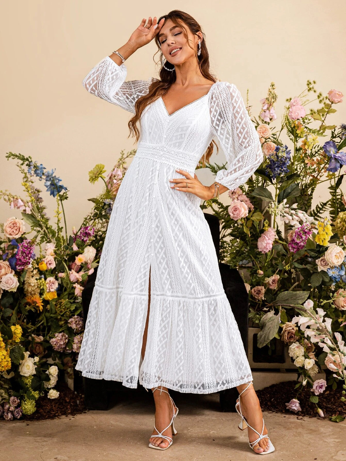 Simplee Sweetheart Neck Lantern Sleeve Split Ruffle Hem Dress