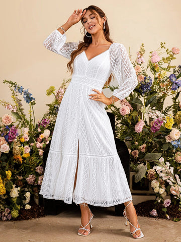 Simplee Sweetheart Neck Lantern Sleeve Split Ruffle Hem Dress