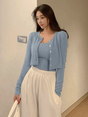 DAZY Rib-knit Crop Cami Top & Button Front Tee