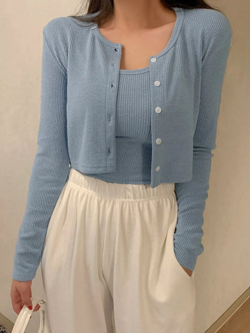 DAZY Rib-knit Crop Cami Top & Button Front Tee