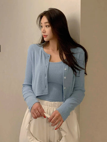 DAZY Rib-knit Crop Cami Top & Button Front Tee