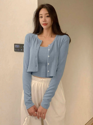 DAZY Rib-knit Crop Cami Top & Button Front Tee