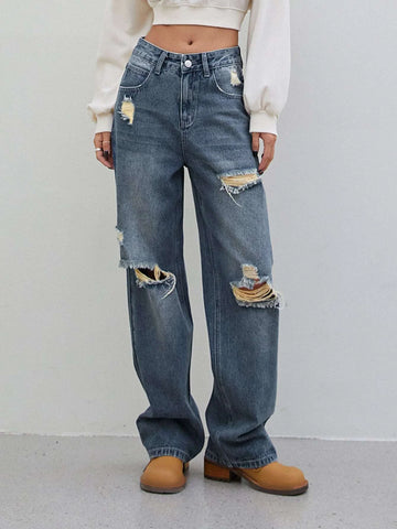 DAZY Cut Out Ripped Frayed Straight Leg Jeans