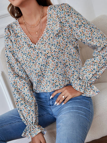 Lace Trim Embroidery Mesh Back Ditsy Floral Blouse