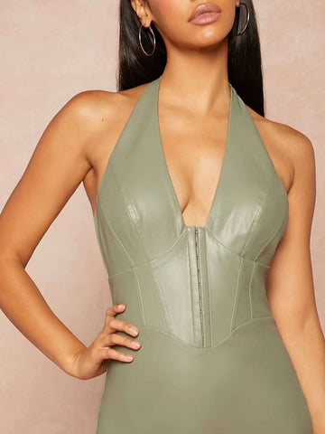 Open Back Hook And Eye PU Leather Dress
