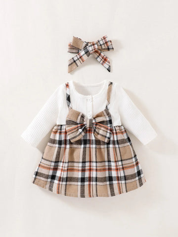 Newborn Baby Plaid Bow Front 2 In 1 Dress With Headband