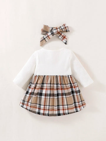 Newborn Baby Plaid Bow Front 2 In 1 Dress With Headband