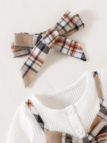 Newborn Baby Plaid Bow Front 2 In 1 Dress With Headband
