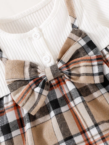 Newborn Baby Plaid Bow Front 2 In 1 Dress With Headband
