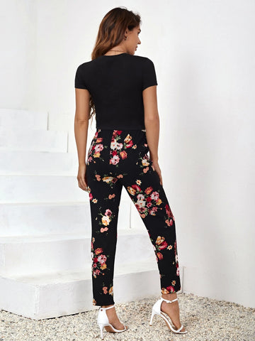 Solid Round Neck Tee & Floral Print Pants