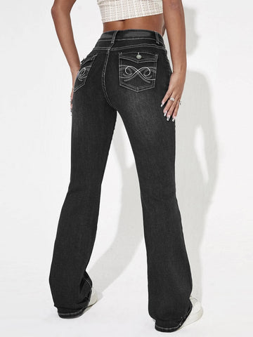 High Waist Graphic Embroidery Flare Leg Jeans