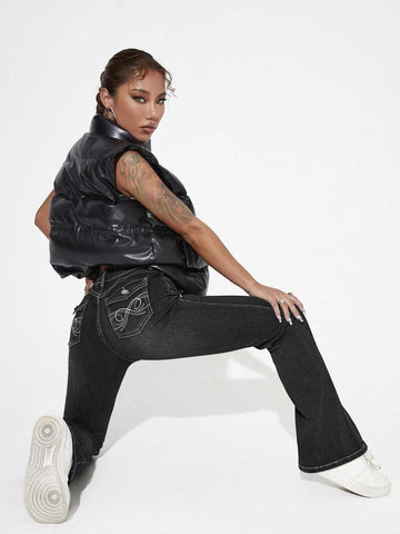 High Waist Graphic Embroidery Flare Leg Jeans