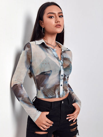 Single Breasted Sheer Mesh Top Without Bra