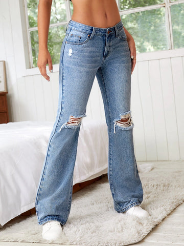 Ripped Bootcut Leg Jeans