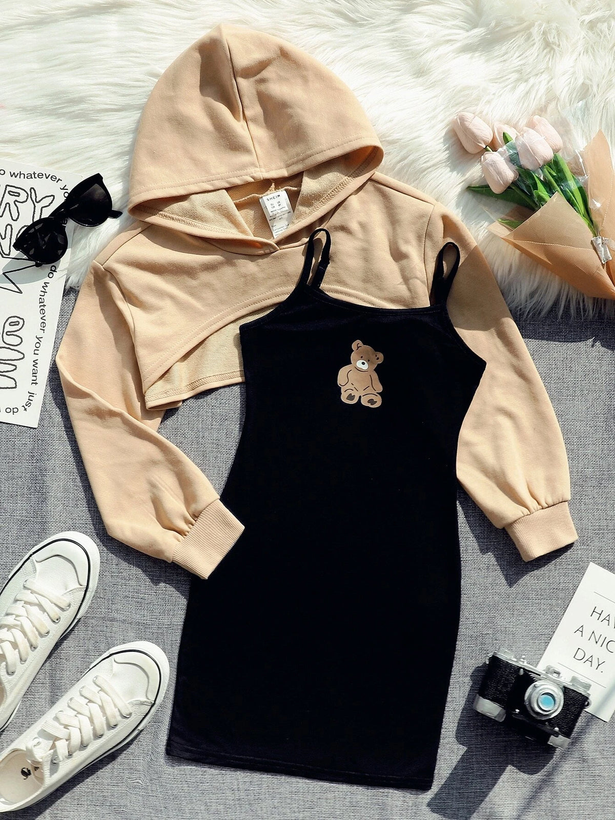 Girls Super Crop Hoodie & Bear Print Cami Dress