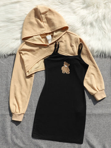 Girls Super Crop Hoodie & Bear Print Cami Dress