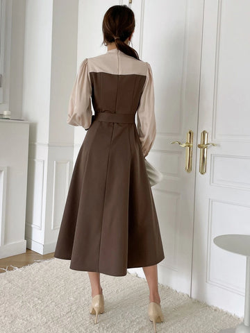 DAZY Two Tone Puff Sleeve Belted Dress