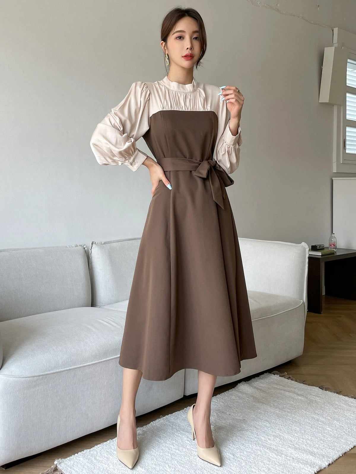 DAZY Two Tone Puff Sleeve Belted Dress