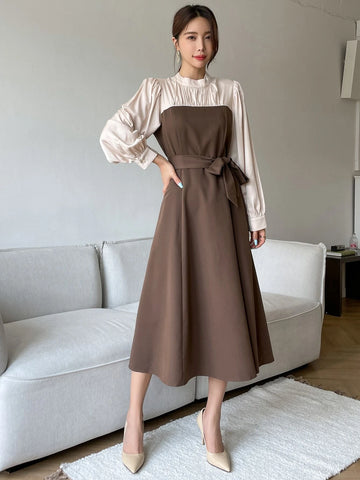 DAZY Two Tone Puff Sleeve Belted Dress