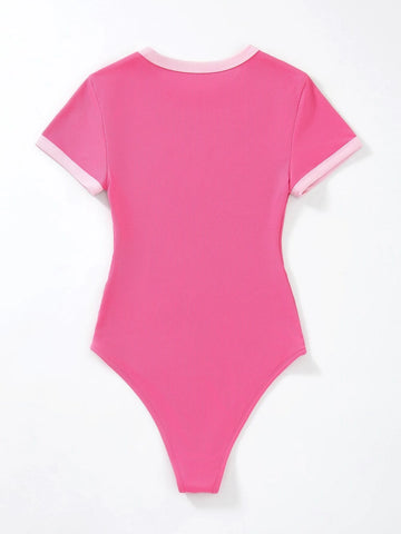 Slogan Graphic Contrast Trim Bodysuit
