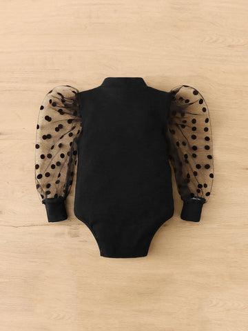 Baby Contrast Dobby Mesh Mock Neck Puff Sleeve Bodysuit