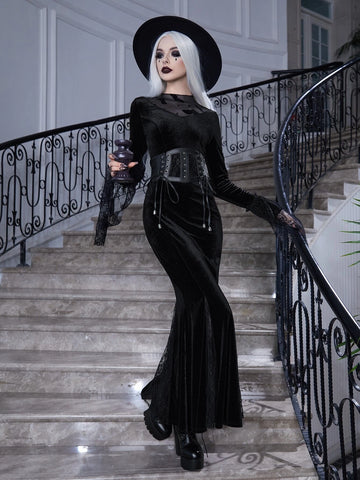 Halloween Witch Flounce Sleeve Belted Velvet Dress