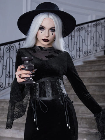 Halloween Witch Flounce Sleeve Belted Velvet Dress