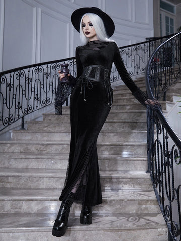Halloween Witch Flounce Sleeve Belted Velvet Dress