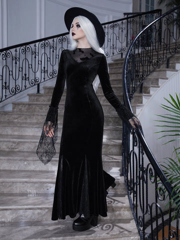 Halloween Witch Flounce Sleeve Belted Velvet Dress