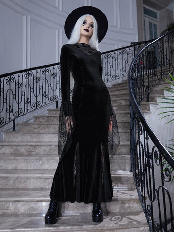 Halloween Witch Flounce Sleeve Belted Velvet Dress