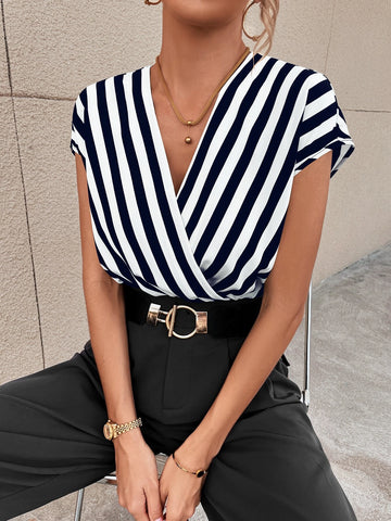 Striped Dolman Sleeve Overlap Collar Bodysuit