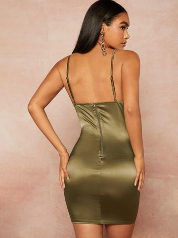 Fold Pleated Seam Front Satin Cami Dress