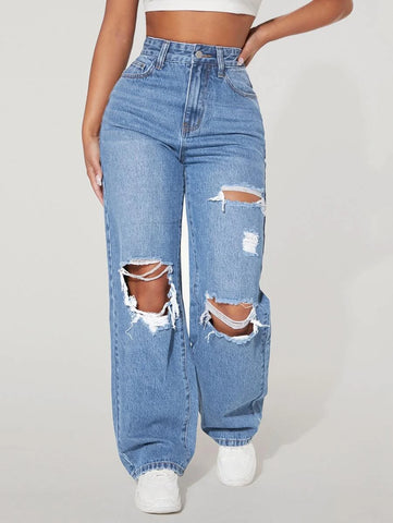 PETITE High Waist Ripped Straight Leg Jeans