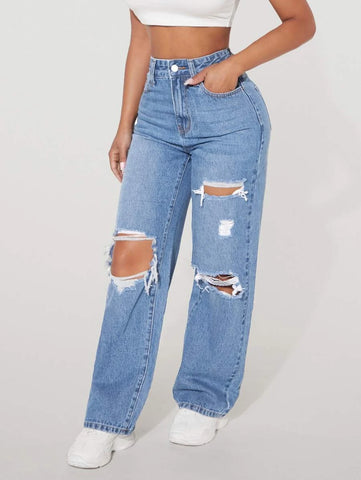 PETITE High Waist Ripped Straight Leg Jeans
