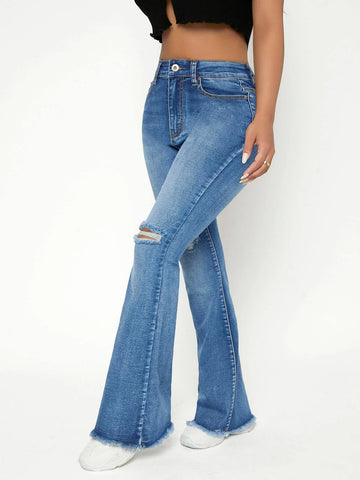 PETITE High Waist Ripped Raw Trim Flare Leg Jeans