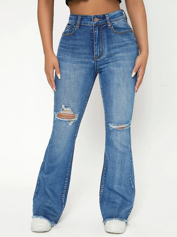 PETITE High Waist Ripped Raw Trim Flare Leg Jeans