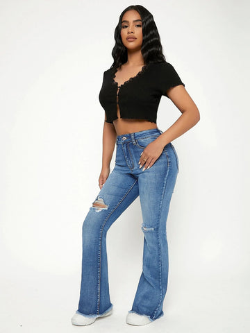 PETITE High Waist Ripped Raw Trim Flare Leg Jeans