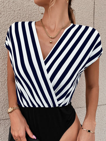 Striped Dolman Sleeve Overlap Collar Bodysuit