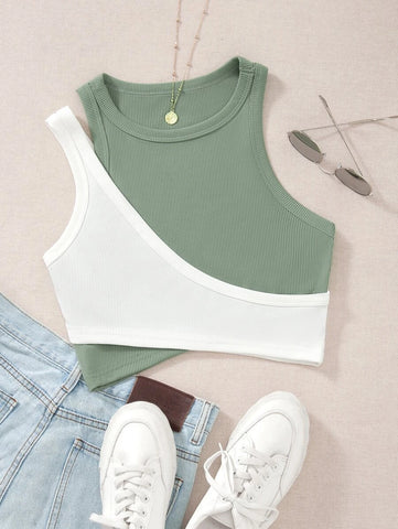 Two Tone Cut Out Crop Tank Top