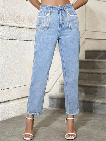 High Waist Rhinestone Fringe Trim Mom Fit Jeans