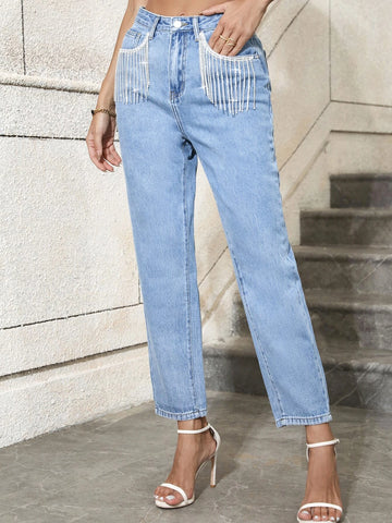 High Waist Rhinestone Fringe Trim Mom Fit Jeans