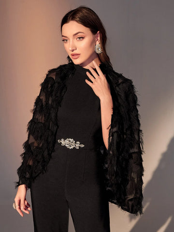 Modely Rhinestone Detail Fringe Trim Cloak Sleeve Mock Neck Jumpsuit