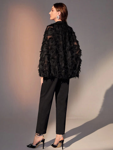 Modely Rhinestone Detail Fringe Trim Cloak Sleeve Mock Neck Jumpsuit